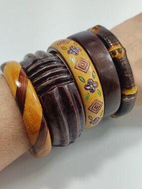 Wood Bangle Bracelet Bundle Carved Painted Bamboo Beautiful  Statement Bracelets